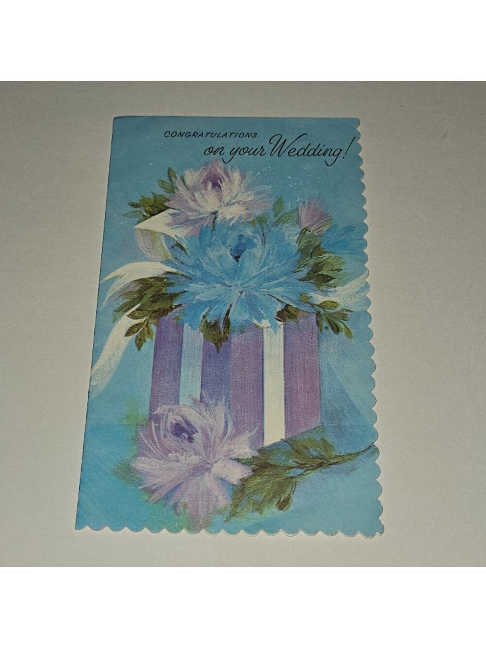 VTG Congratulations Wedding Greeting Card Scalloped Flowers Gift Blue NEVER USED